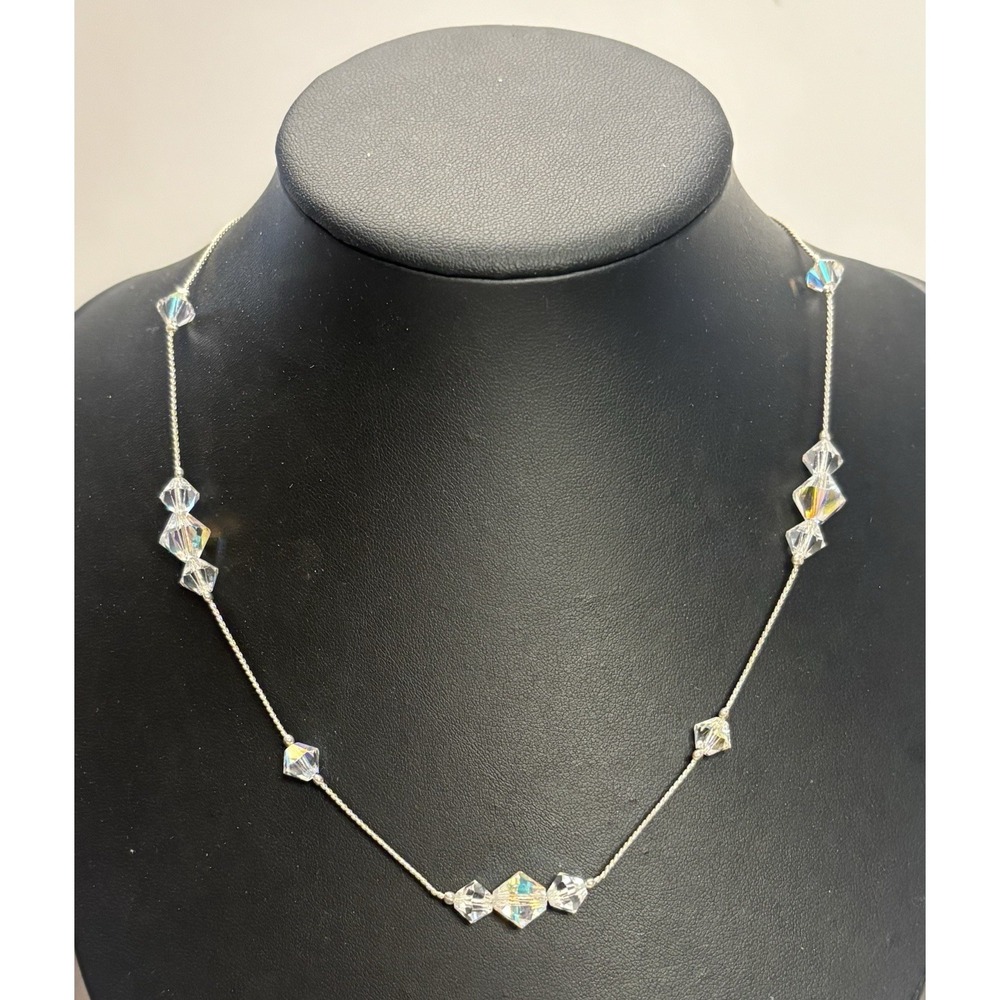 Floating Illusion Glass AB Crystal Necklace Silver Tone Chain 19"